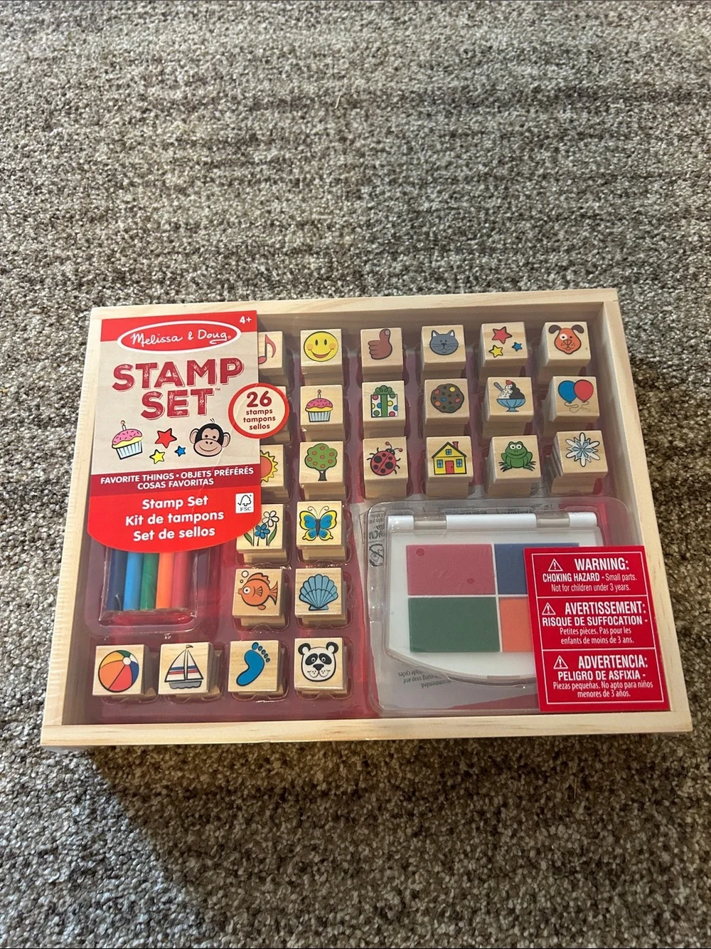Melissa & Doug Wooden Stamp Set with Ink and colored pencils- never opened